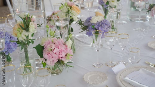 Beautiful wedding decor with flowers on the table