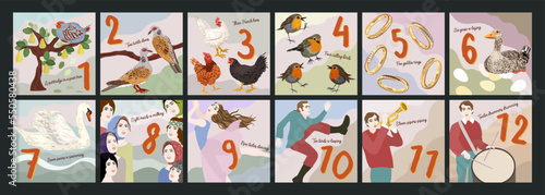 Twelve days of Christmas. Vector collection of images. Christmas countdown. 