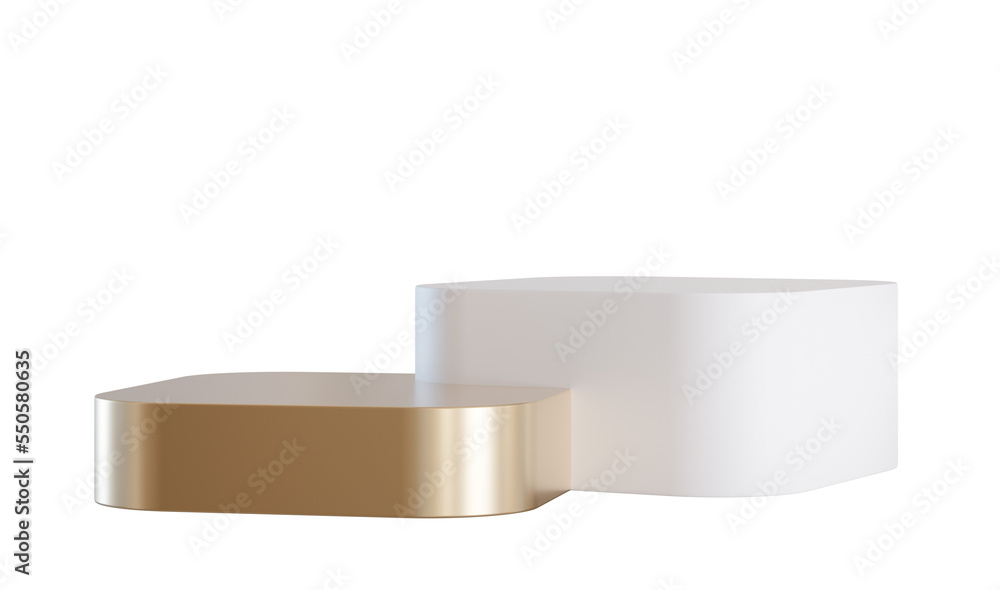 Two white and golden podiums on transparent background. Elegant stage for product, cosmetic presentation. Luxury mock up. Pedestal or platform for beauty products. Empty scene. 3D rendering. Two white and golden podiums on transparent background. Elegant stage for product, cosmetic presentation. Luxury mock up. Pedestal or platform for beauty products. Empty scene. 3D rendering.