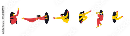 Search, explore concept. Different people coming, flying, jumping, looking through and out of holes. Happy enthusiastic funny men and women. Graphic vector illustration