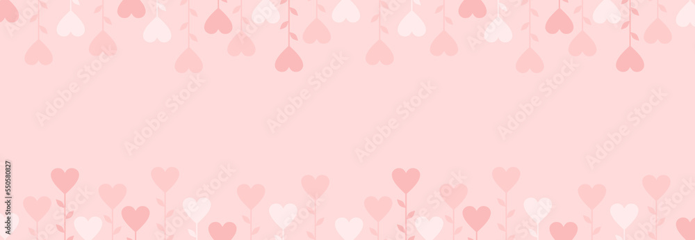 Pink Valentine's day banner with a frame of hearts on stems with leaves. Flat vector illustration