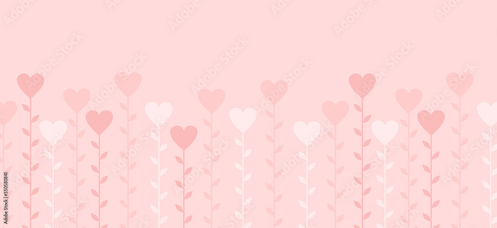 Plant stems with heart flowers on a pink background. Valentine's day banner. Flat vector illustration