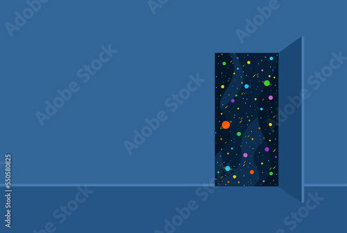 The door opening to the starry universe, copy space. Flat vector illustration