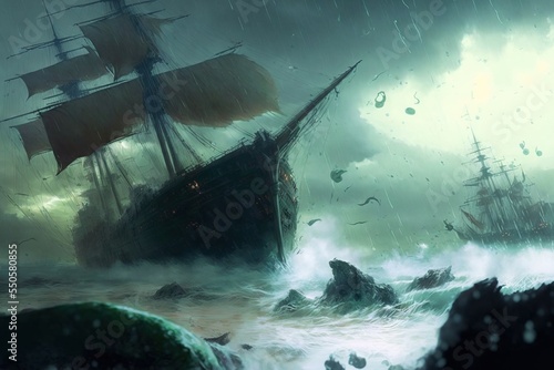 the ship in the storm, gigantic waves