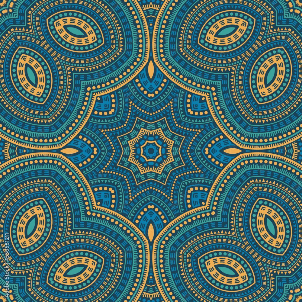 Fototapeta premium Ottoman ethnic geometric vector seamless ornament. Wallpaper print design. Modern boho pattern. Ceramic decor design. Star symmetry elements texture.