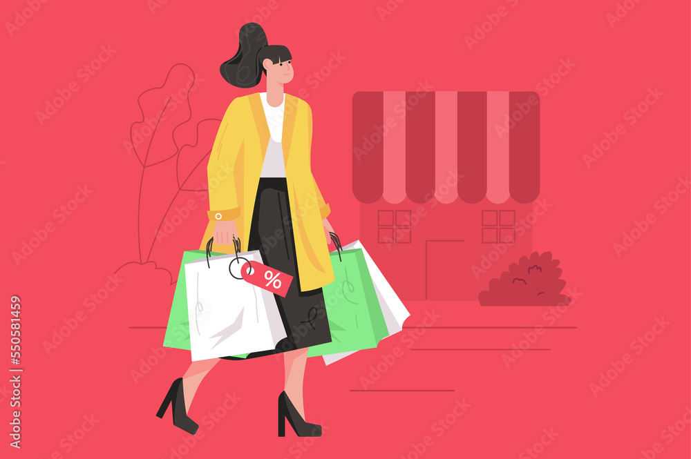 Shopping on sales at stores modern flat concept. Happy woman made lot of purchases at discount prices and walks with bags along street. Illustration with people scene for web banner design Shopping on sales at stores modern flat concept. Happy woman made lot of purchases at discount prices and walks with bags along street. Illustration with people scene for web banner design
