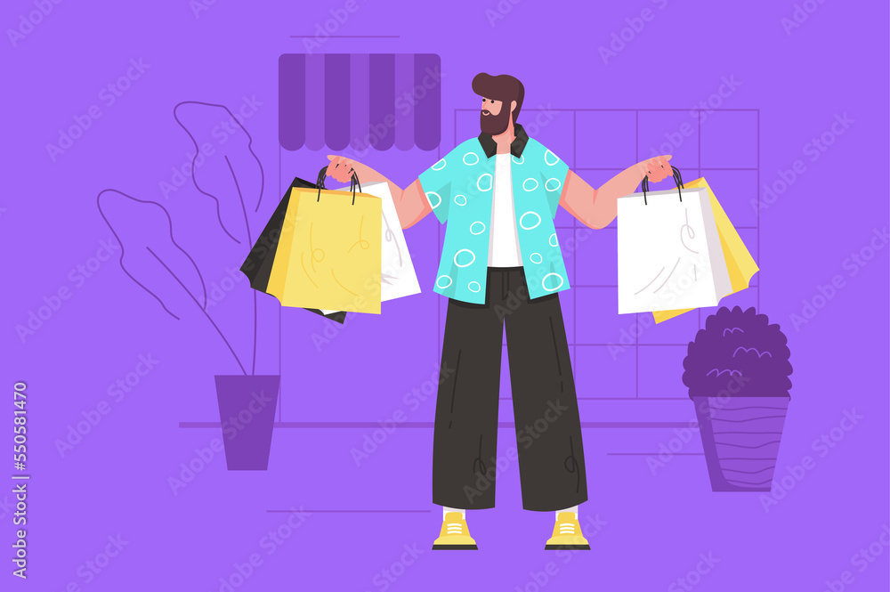 Shopping on sales at stores modern flat concept. Happy man made lot of purchases at discount prices. Customer stands with bags by boutique. Illustration with people scene for web banner design