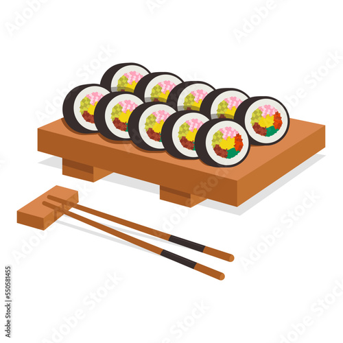 Korean national cuisine. Kimpup. Nori, rice, vegetables, egg, crab sticks. Vector graphic.	