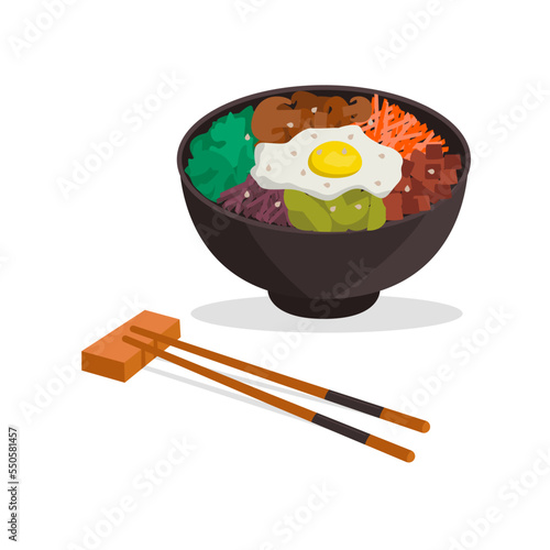 Korean national cuisine. Pibimpap. Rice, vegetables, meat, egg, sesame. Vector graphic.	