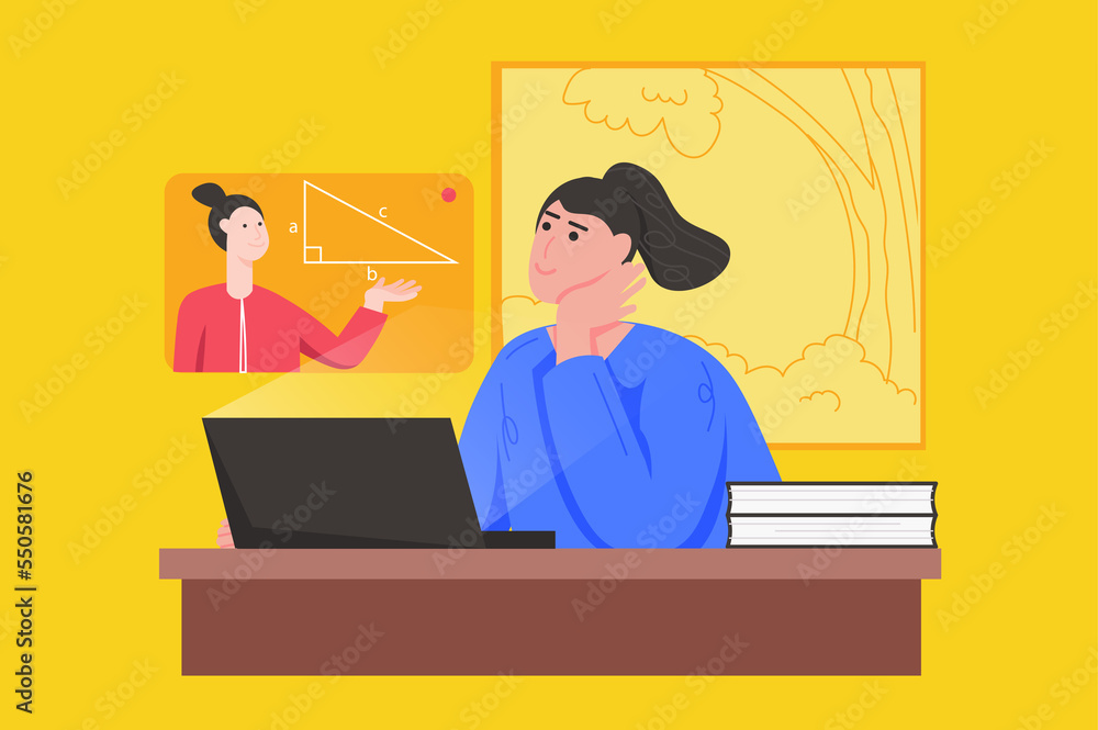 Distance learning and online education modern flat concept. Student watches webinar on geometry. Woman studying at college or university. Illustration with people scene for web banner design