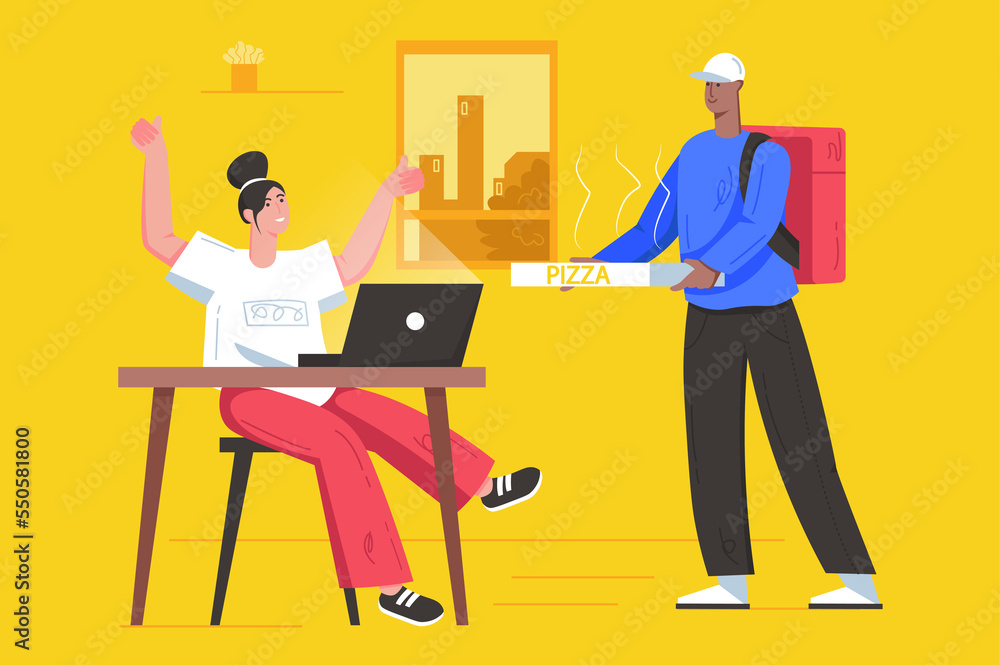 Online ordering and food delivery modern flat concept. Courier gives box of hot pizza to client. Fast shipping of dishes to work or home. Illustration with people scene for web banner design