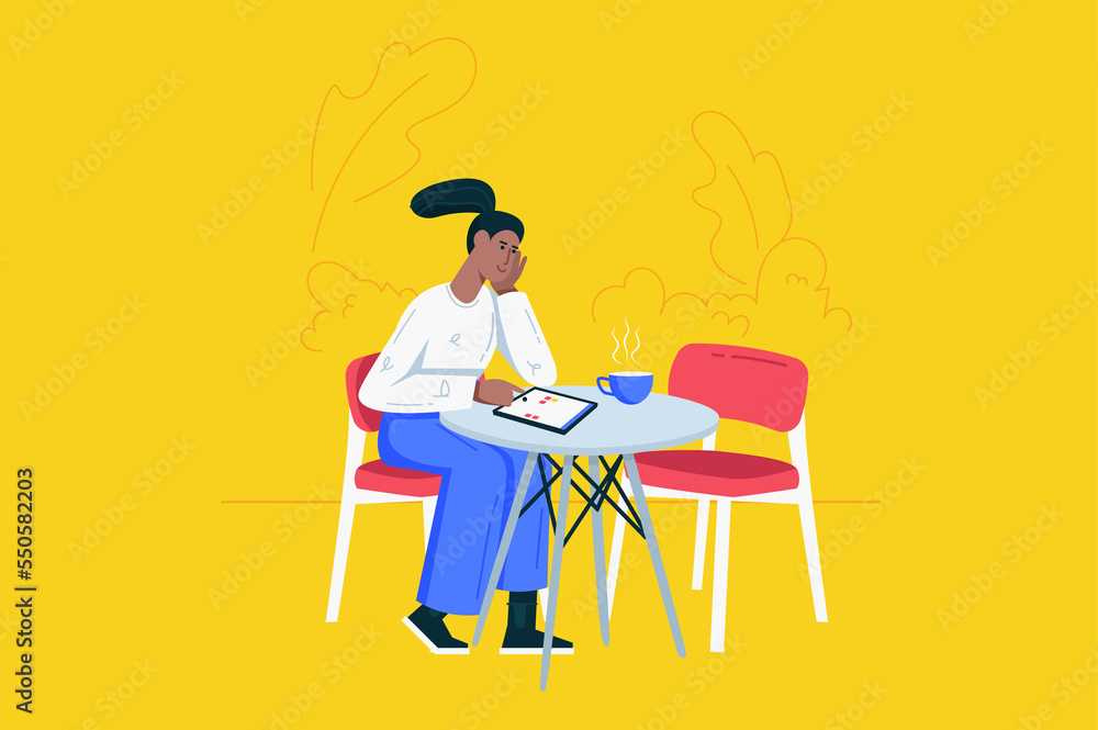 People sit in gadgets modern flat concept. Happy woman browsing feed and posts in social media from mobile phone while sitting at cafe. Illustration with people scene for web banner design