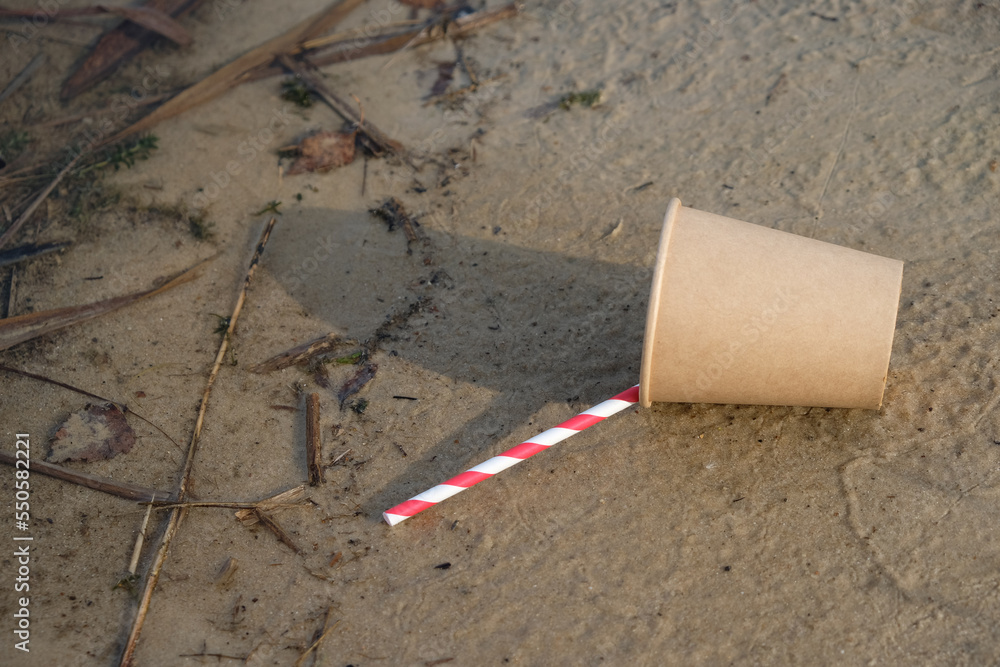 The disposable paper cup and drinking straw near the water. Sandy beach. The disposable paper cup and drinking straw near the water. Sandy beach.