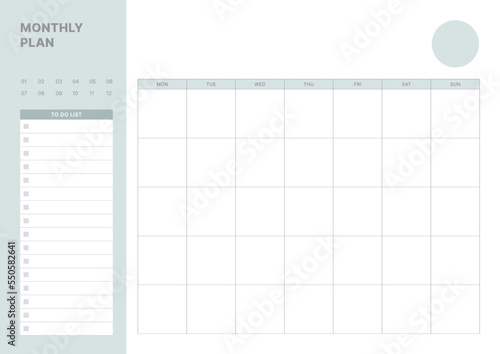 A simple, minimalistic style monthly planner. Note, scheduler, diary, calendar planner document template illustration.