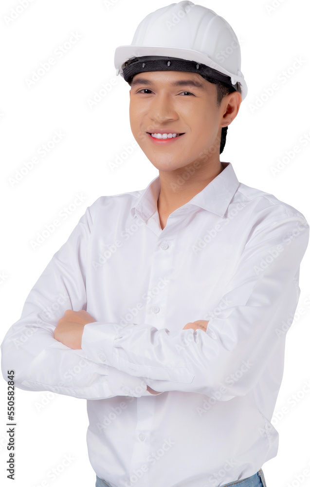 Portrait young asian man is engineer wearing helmet standing and smiling with confident, handsome male is architect or contractor, worker or labor, industrial concept. Portrait young asian man is engineer wearing helmet standing and smiling with confident, handsome male is architect or contractor, worker or labor, industrial concept.