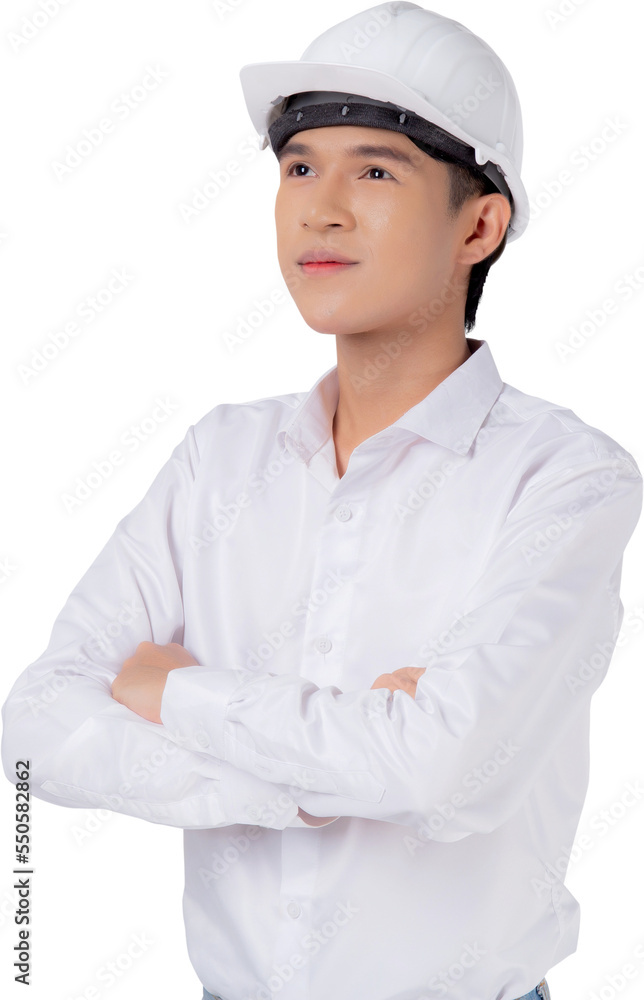 Portrait young asian man is engineer wearing helmet standing and smiling with confident, handsome male is architect or contractor, worker or labor, industrial concept. Portrait young asian man is engineer wearing helmet standing and smiling with confident, handsome male is architect or contractor, worker or labor, industrial concept.