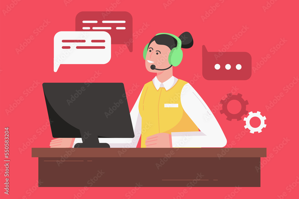Call center and customer support modern flat concept. Woman consultant in headphones working at computer and answering messages of clients. Illustration with people scene for web banner design Call center and customer support modern flat concept. Woman consultant in headphones working at computer and answering messages of clients. Illustration with people scene for web banner design