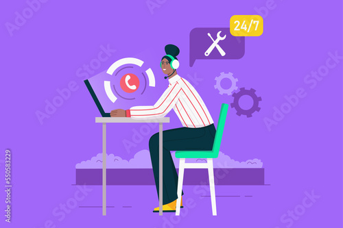 Call center and customer support modern flat concept. Woman operator in headphones works at laptop, answers calls around clock in helpline. Illustration with people scene for web banner design