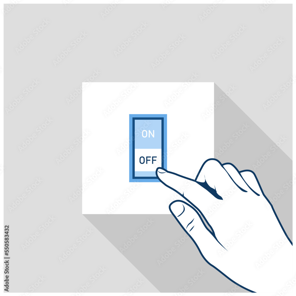 Hand switching off lights, saving energy and energy efficiency, finger turns off the lights, vector