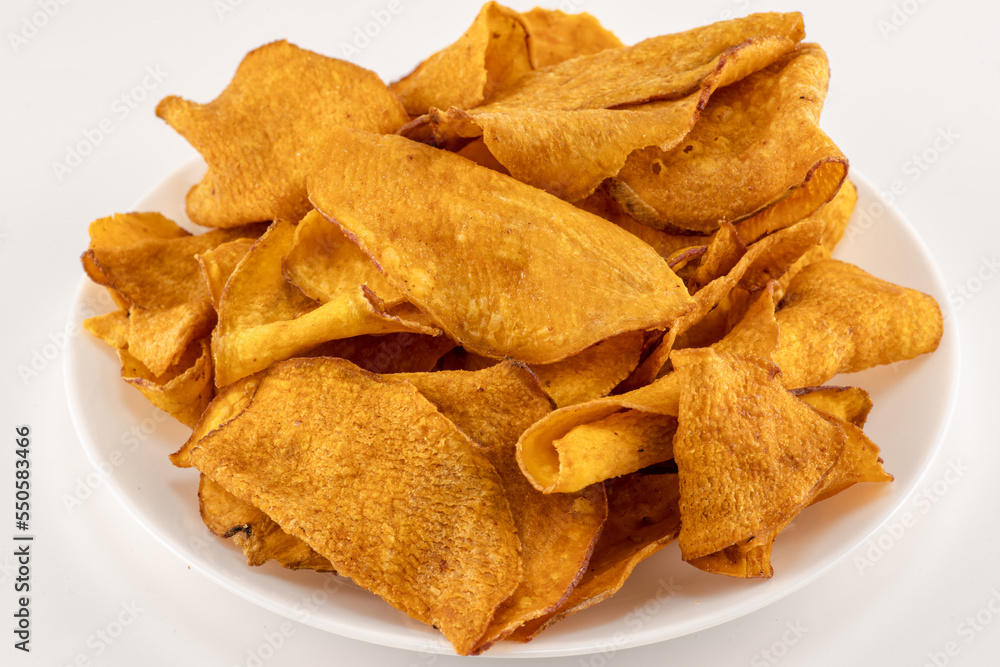 Sweet potato chips on white background,a kind of snack