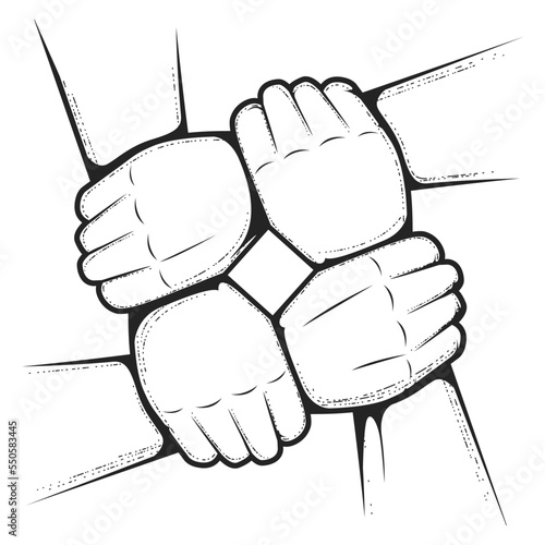 Four hands hold each other by wrist, join hands together, teamwork and friendship concept, vector