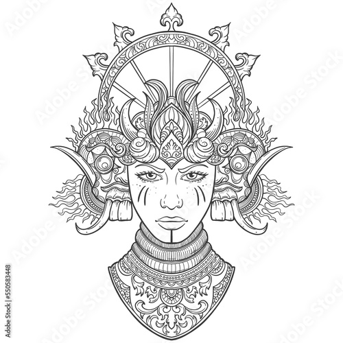 Tribal Fusion Boho Goddess. Beautiful divine diva girl with ornate crown, kokoshnik inspired. Bohemian goddess. Hand drawn elegant illustration. Lotus flower, ethnic art, patterned Indian paisley.