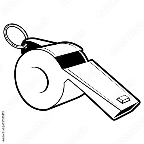 Metal coach whistle, referee sport whistle isolated on white, vector