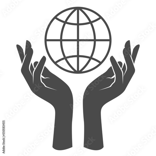 Hands supporting globe, planet care and unity symbol, earth day emblem, vector