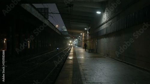Abandoned railway / subway platform. Ghetto. Rainy autumn foggy weather in the night city. Gotham city mood. Cinematic style. Dungeon columns and dim light. Graffiti on the walls. One woman walks alon