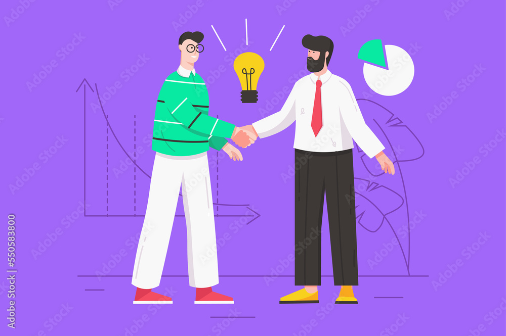 Startup and launch new business modern flat concept. Businessmen making good deal and shaking hands, successful cooperation and partnership. Illustration with people scene for web banner design Startup and launch new business modern flat concept. Businessmen making good deal and shaking hands, successful cooperation and partnership. Illustration with people scene for web banner design