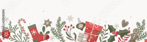 Christmas border with cute and cozy winter holiday design elements. Horizontal seamless pattern. Vector illustration in flat cartoon style for greeting card, banner, poster, packaging