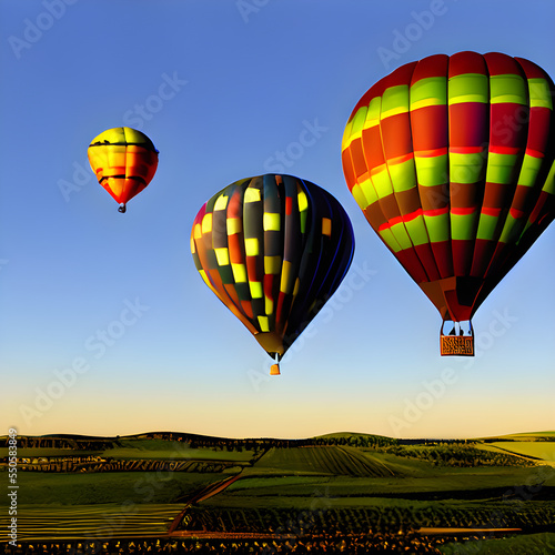 気球やバルーンが飛ぶ架空の風景イラスト