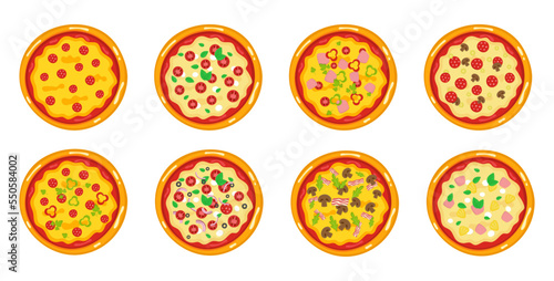 Pizza set with different fillings. Vector illustration.View from above.