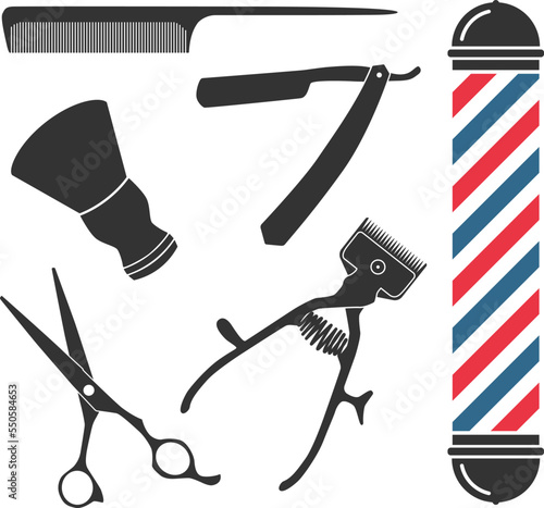 barber shop icon set with scissors, razor, comb, manual clipper and shaving brush, vector illustration
