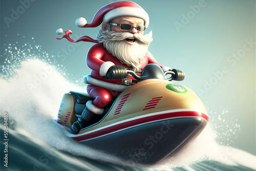 Cool Santa with his sunglasses on riding a wave on his Jet Ski