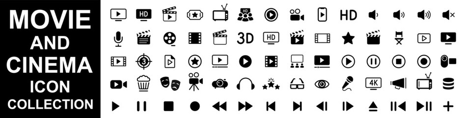 Cinema icon set. Movie sign collection. Set of cinema, movie, video icons, collection film, tv. Popcorn box package Big movie reel. Open clapper board.