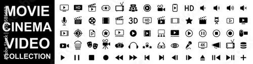 Cinema icon set. Movie. Video. Set of cinema, movie, video icons, collection film, tv. Popcorn box package Big movie reel. Open clapper board.