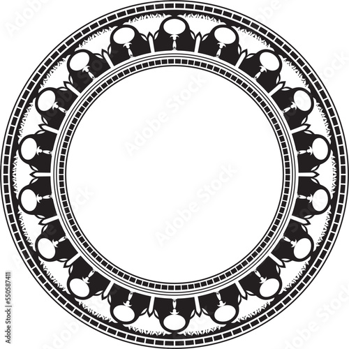 Vector monochrome round Egyptian border. Circle ornament of ancient Africa. Pattern of lotus flowers and sun..