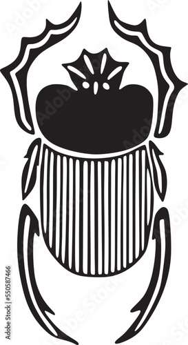 Vector monochrome Egyptian scarab beetle. In Egyptian mythology, the scarab is the sacred insect of the sun gods. A symbol of the creative power of the Sun, rebirth in the afterlife..