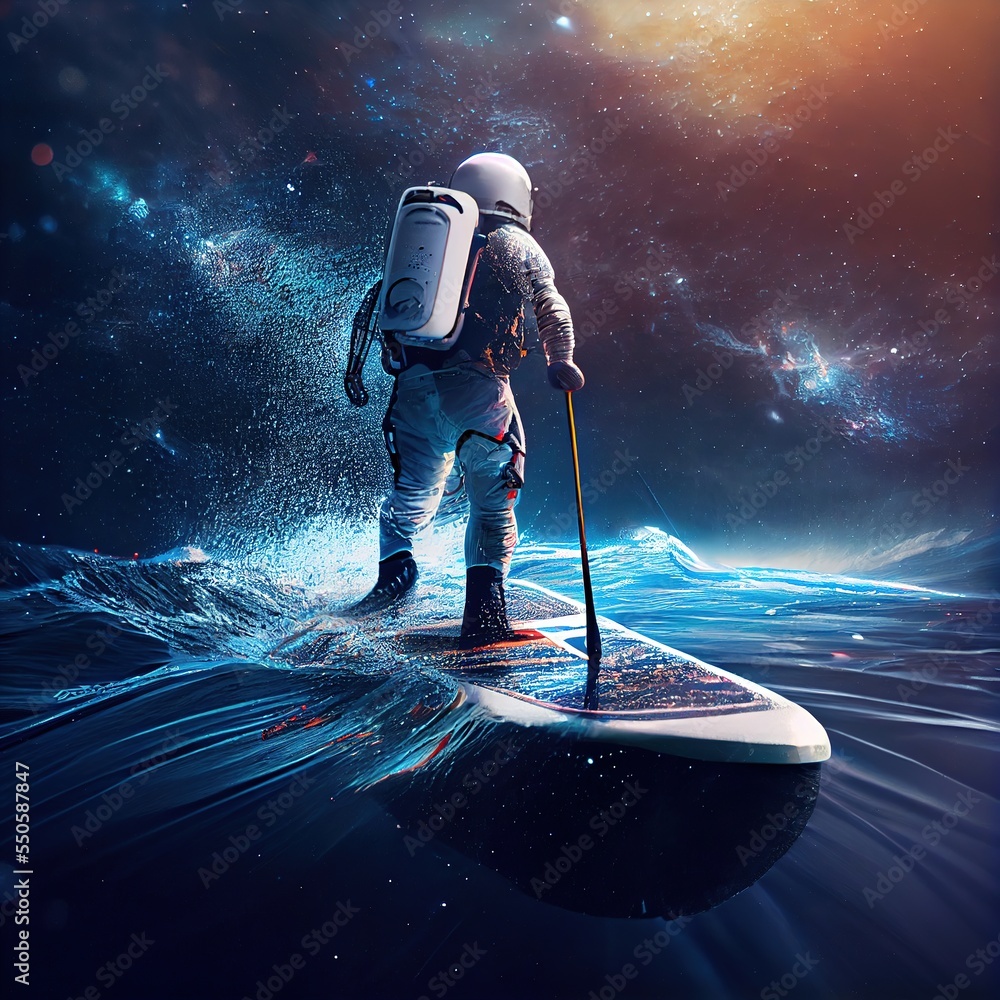 Astronaut paddle boarding on the abstract wave in outer space. Creative ...