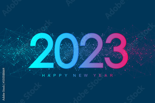 Modern futuristic technology template for Merry Christmas and Happy New Year 2023 with connected lines and dots. Plexus geometric effect. Global network connection. Vector illustration.