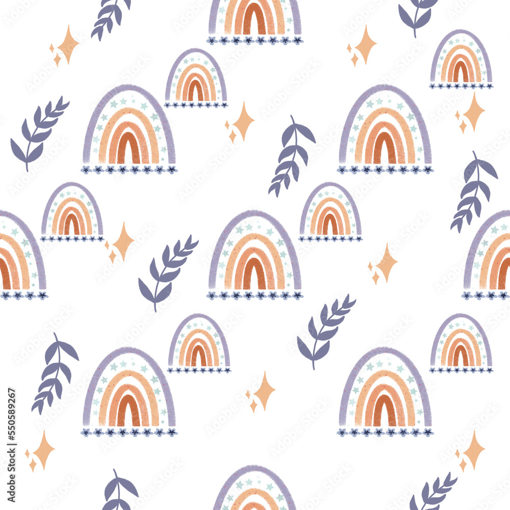 Boho rainbow seamless pattern. Boho rainbow with leaf and star isolated on transparent background.Fabric and Textile,Decoration,Cards. Boho rainbow seamless pattern. Boho rainbow with leaf and star isolated on transparent background.Fabric and Textile,Decoration,Cards.