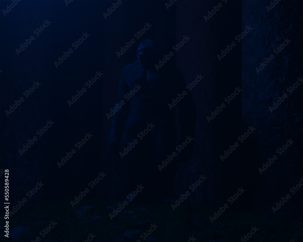 3d illustration of the Gugwe variant of Bigfoot standing in a forest lit by soft blue light