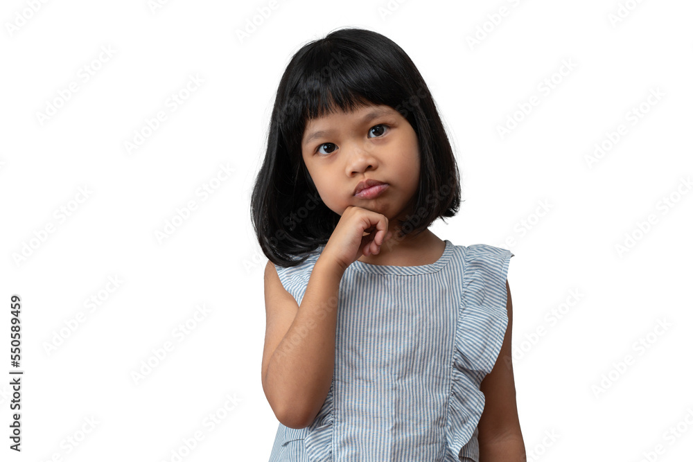 Portrait of Asian child 5 year old and to collect hair and Place her hands on her chin and make thinking pose on isolated white background, She is Happiness, radiance in youth, Education Concept Portrait of Asian child 5 year old and to collect hair and Place her hands on her chin and make thinking pose on isolated white background, She is Happiness, radiance in youth, Education Concept