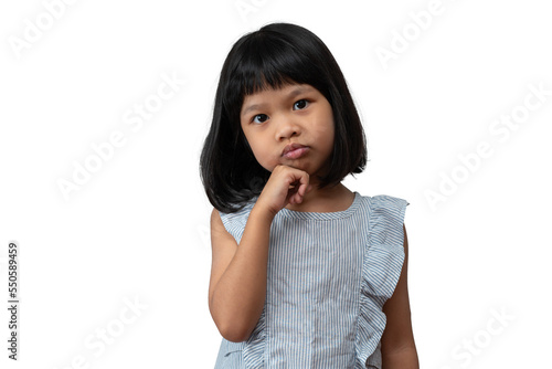 Portrait of Asian child 5 year old and to collect hair and Place her hands on her chin and make thinking pose on isolated white background, She is Happiness, radiance in youth, Education Concept