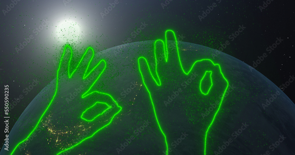 Gesture okay, ok. Neon green glowing outlines of hands show a symbol of approval against the backdrop of space, rotating planet earth and the bright sun. Gesture okay, ok. Neon green glowing outlines of hands show a symbol of approval against the backdrop of space, rotating planet earth and the bright sun.