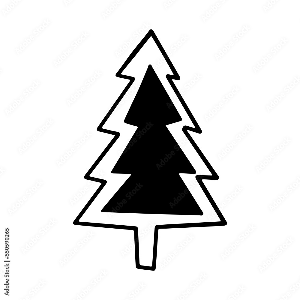 Christmas tree in doodle style. Happy New year. Hand drawn sketch of a Christmas tree. Vector illustration. Isolated on a white background. Illustration for graphics, website, logo, icons, postcards Christmas tree in doodle style. Happy New year. Hand drawn sketch of a Christmas tree. Vector illustration. Isolated on a white background. Illustration for graphics, website, logo, icons, postcards