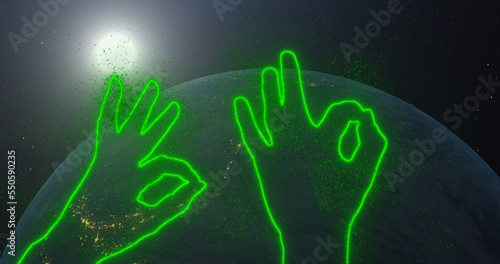 Gesture okay, ok. Neon green glowing outlines of hands show a symbol of approval against the backdrop of space, rotating planet earth and the bright sun.