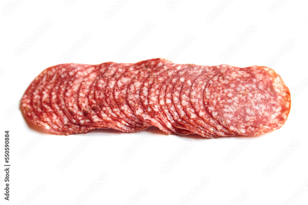 Thin sliced salami sausage isolated on white. Thin sliced italian dry salame Thin sliced salami sausage isolated on white. Thin sliced italian dry salame
