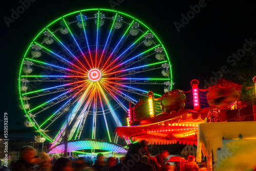 Night of lights at Christmas time with Ferris wheel in the city center of Reutlingen. © EKH-Pictures